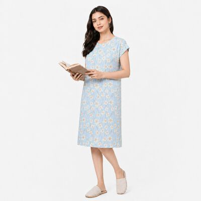 Women's Light Blue Round Neck T-Shirt Style Nighty