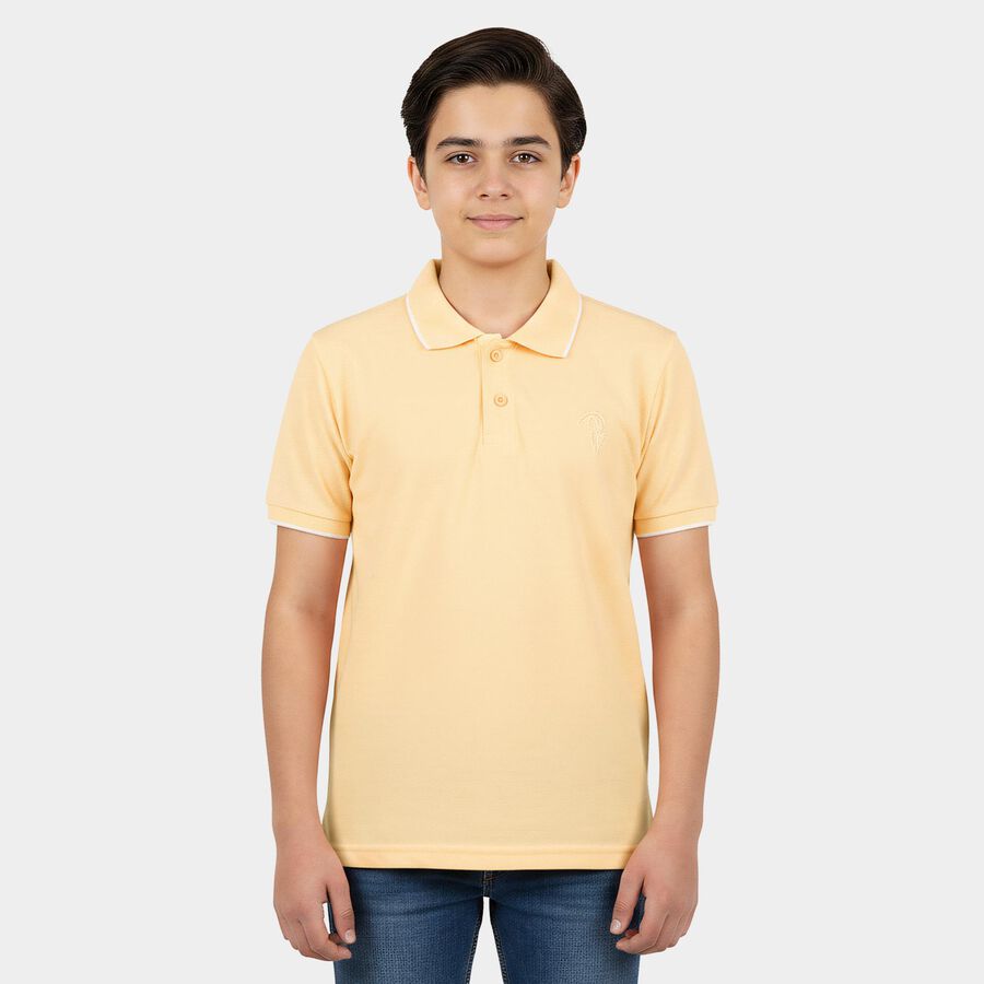 Boys Peach Pique Round Neck Casual T-Shirt, पीच, large