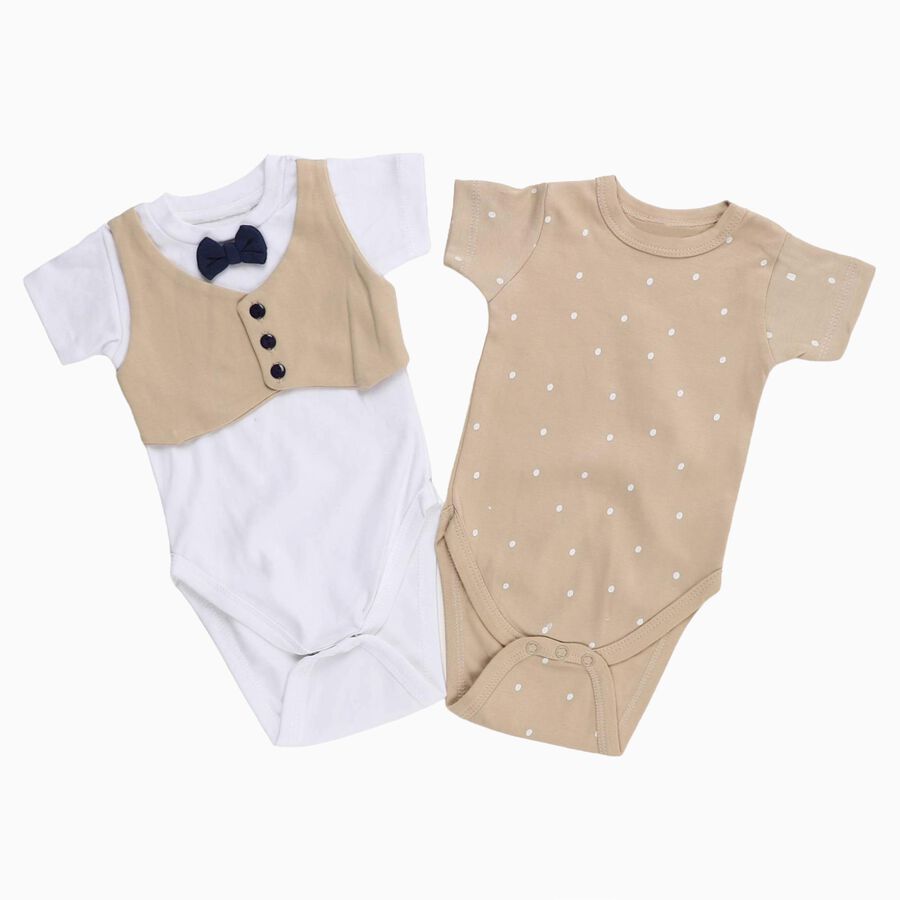 Infants' Light Beige and White Cotton Round Neck Classic Bodysuit Set, गहरा पीला, large image number null