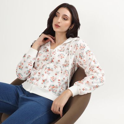 Women's Off White Hooded Casual Sweatshirt