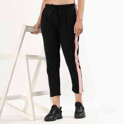 Women's Jet Black Regular Fit Side-Striped Track Pants