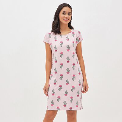 Women's Light Pink Round Neck Casual Nighty
