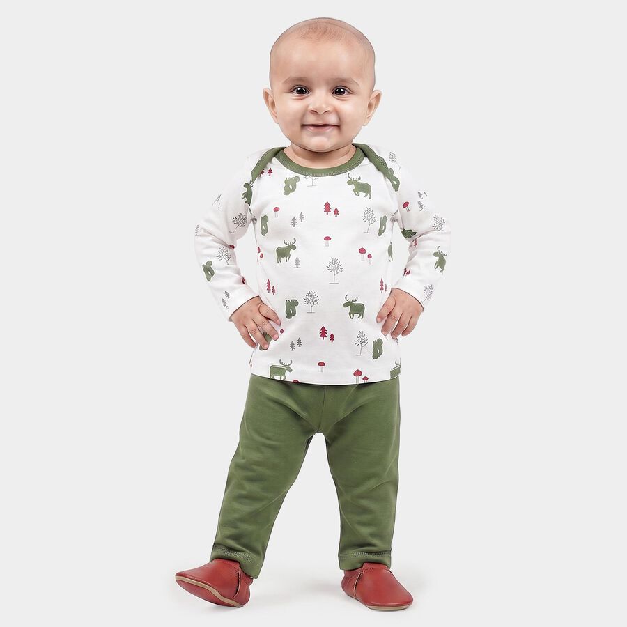 Infants' Olive Green 100% Cotton Round Neck Printed Baba Suit, Olive, large