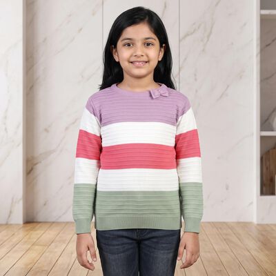 Girls Pink Crew Neck Striped Pullover