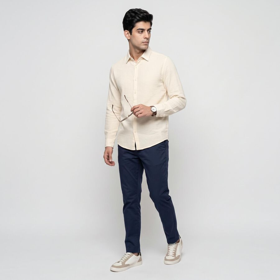 Men's Cream Cotton Long Sleeve Collar Shirt, Off White, large