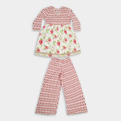Girls' Bright White and Red Floral Printed Top and Pants Fusion Set
