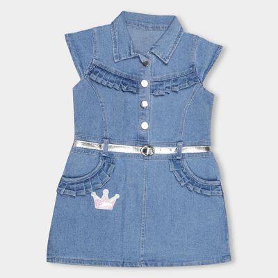Girls' Light Denim Blue A-Line Ruffled Frock