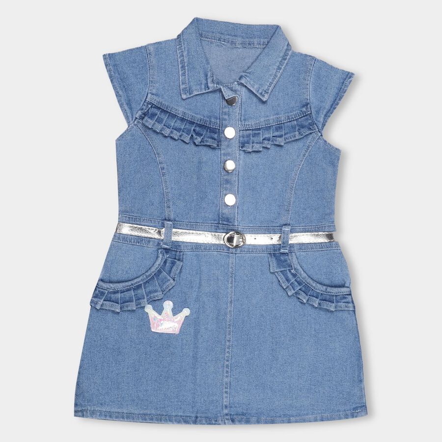 Girls' Light Denim Blue A-Line Ruffled Frock, Mid Blue, large image number null