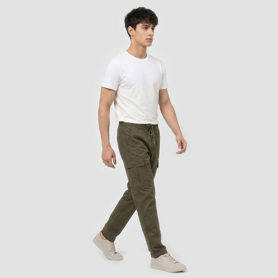 Men's Olive Green Slim Fit Cargo Trousers, Olive, large