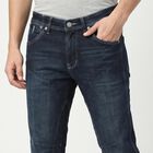 Men's Navy Blue Straight Fit Panelled Washed Jeans, Dark Blue, small