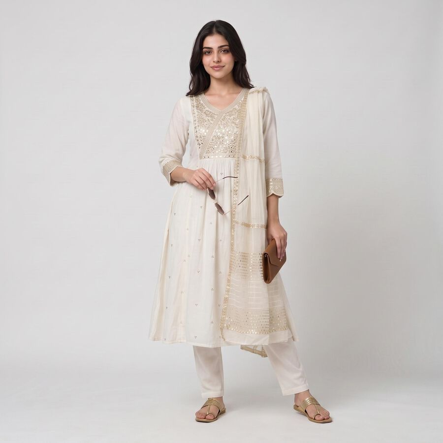 Women's Cream Embellished Ethnic Set, Off White, large