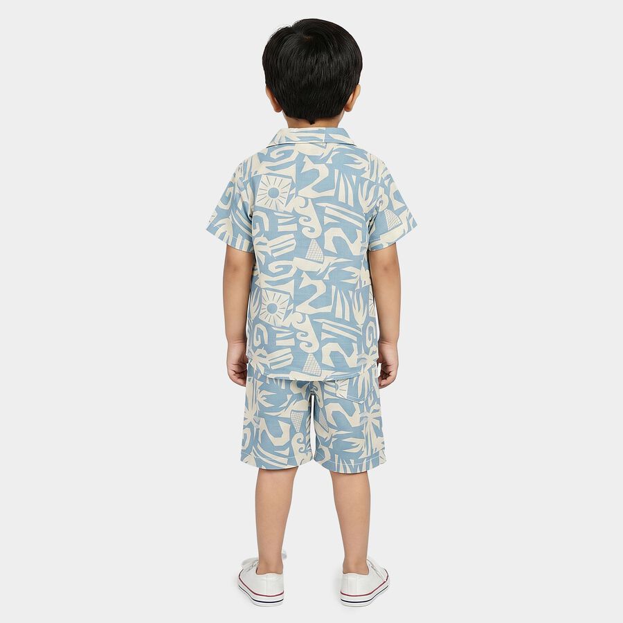 Boys Light Blue 100% Cotton Cuban Collar Printed Baba Suit, हल्का नीला, large