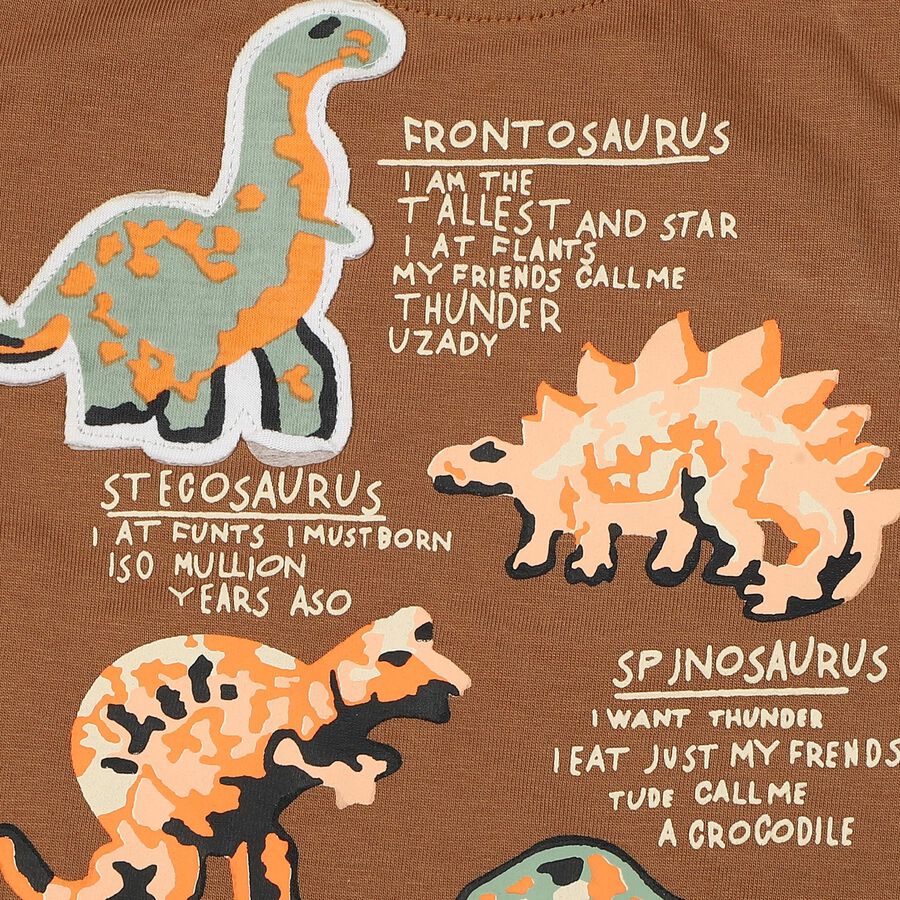 Infants' Brown 100% Cotton Round Neck Dinosaur Graphic Print Baba Suit, Beige, large