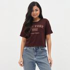 Women's Deep Brown Cotton Round Neck Casual T-Shirt, भूरा, small