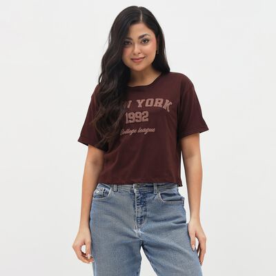 Women's Deep Brown Cotton Round Neck Casual T-Shirt