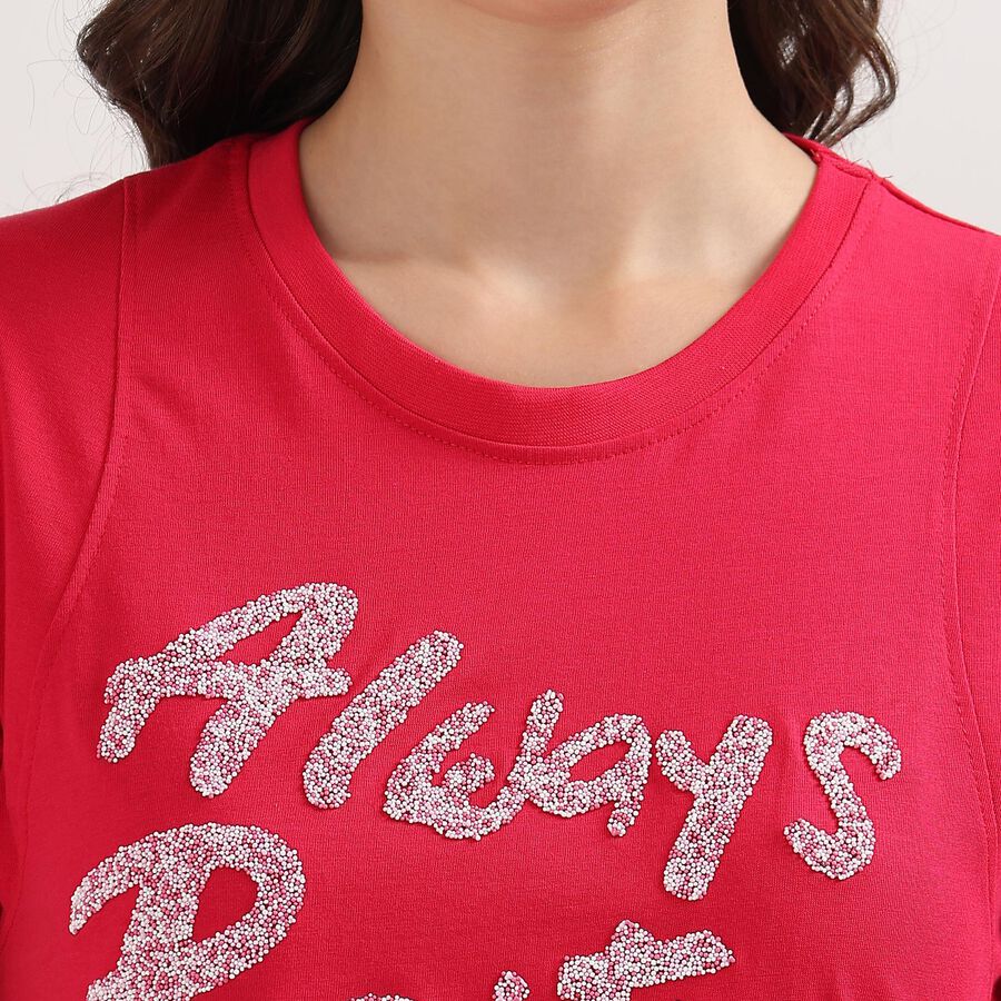 Women's Bright Fuchsia Cotton Round Neck Embellished T-Shirt, Fuchsia, large image number null