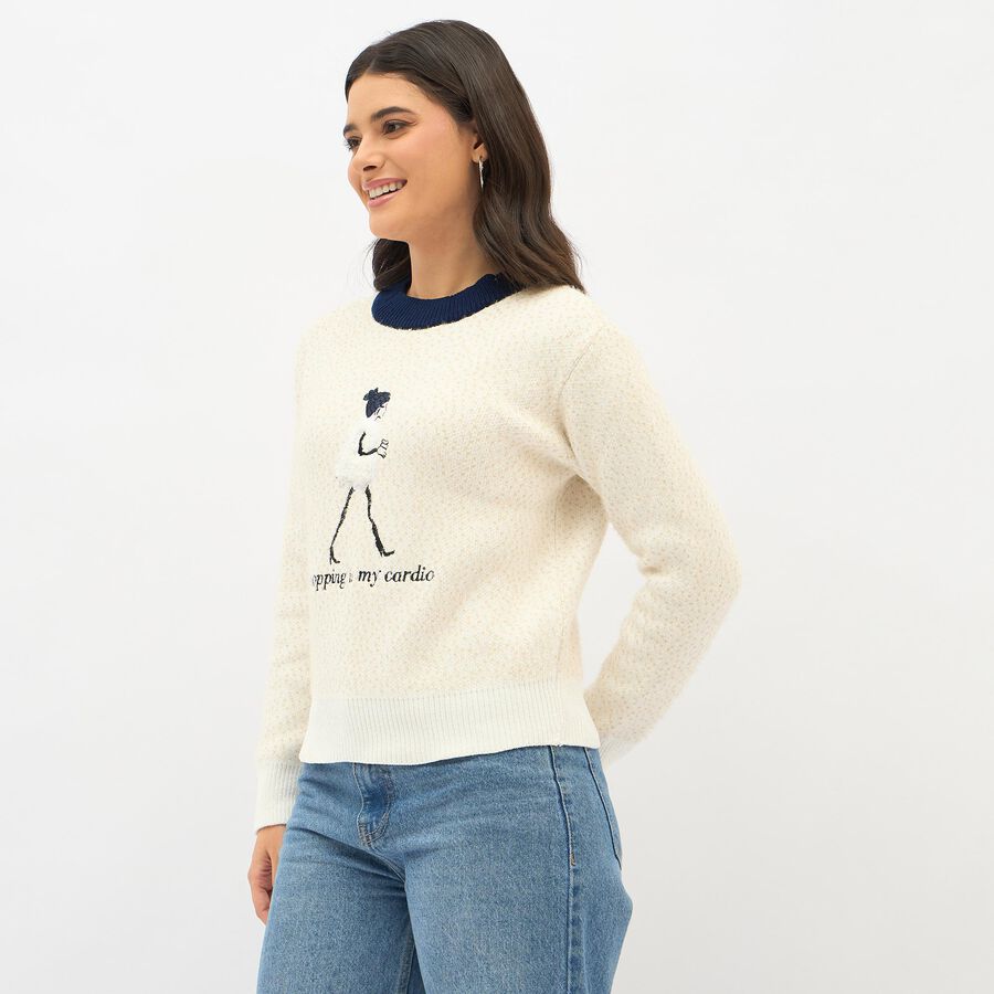 Women's Oatmeal Crew Neck Casual Pullover, ऑफ व्हाइट, large image number null