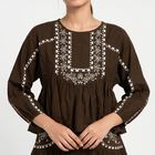 Women's Brown Cotton Embroidered Co-ord Set, भूरा, small