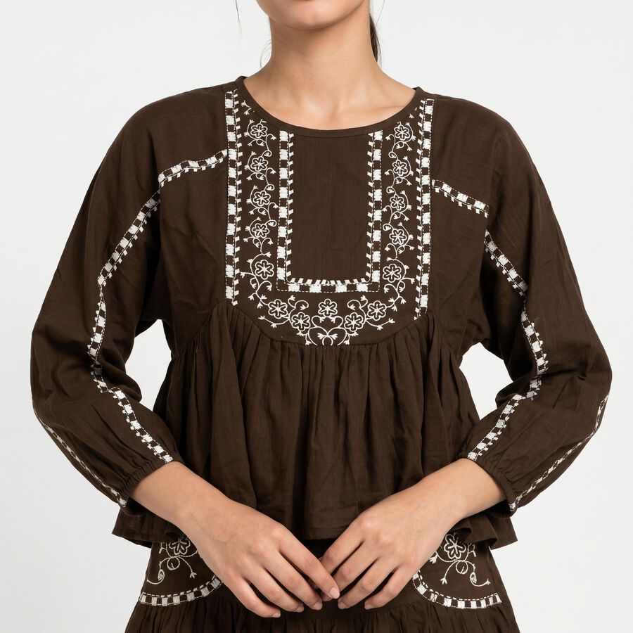 Women's Brown Cotton Embroidered Co-ord Set, भूरा, large