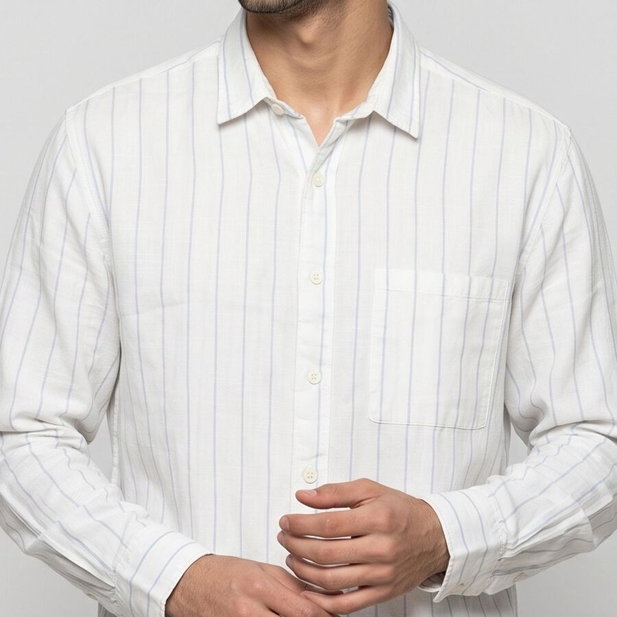 Men's White Cotton Striped Shirt, White, large
