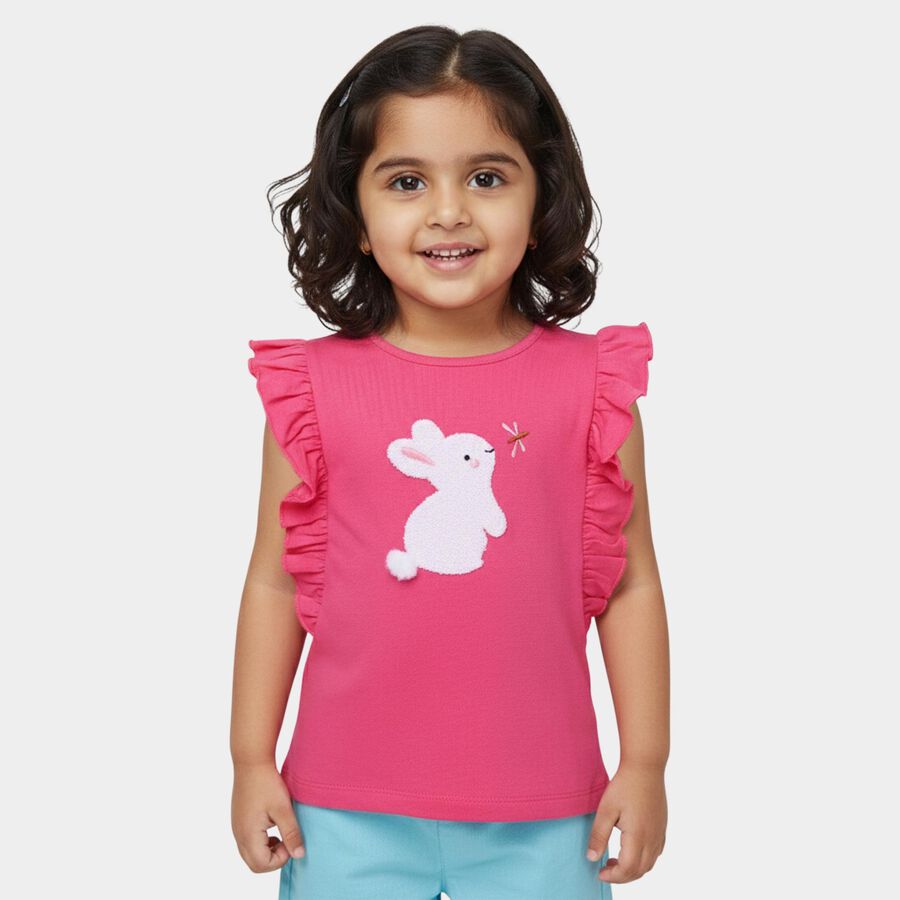 Girls' Fuchsia Cotton Round Neck Ruffle Sleeve Bunny Applique T-Shirt, Fuchsia, large