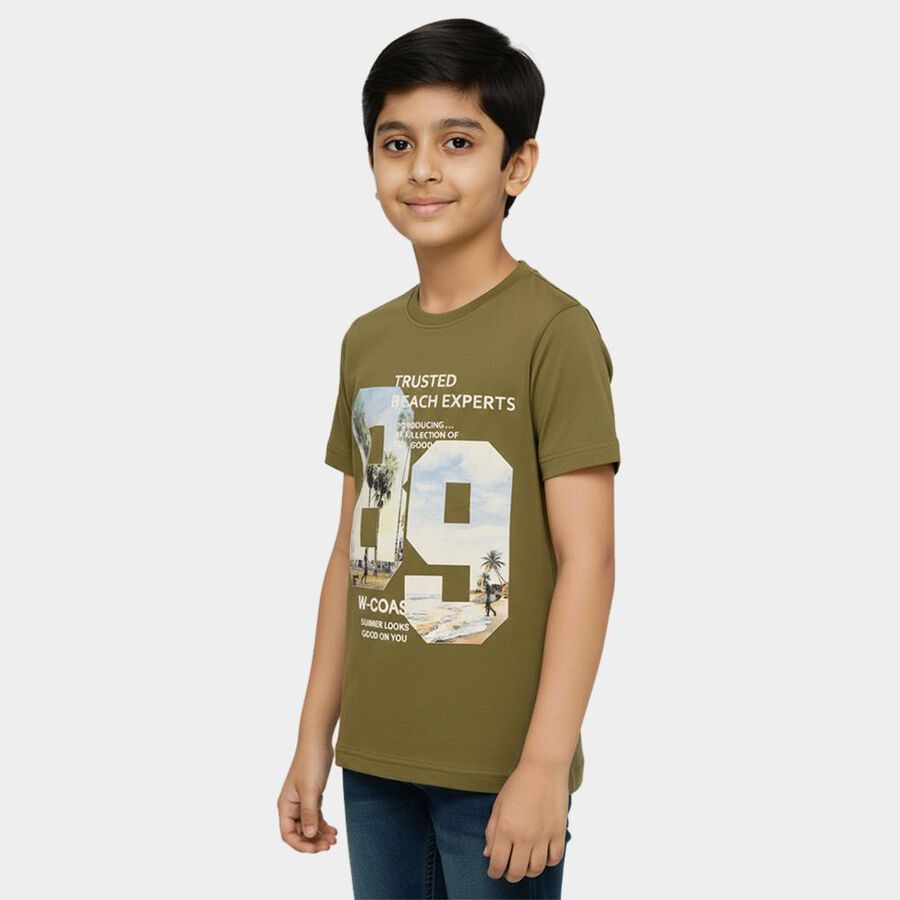 Boys Muted Olive Green Round Neck Casual T-Shirt, Olive, large image number null