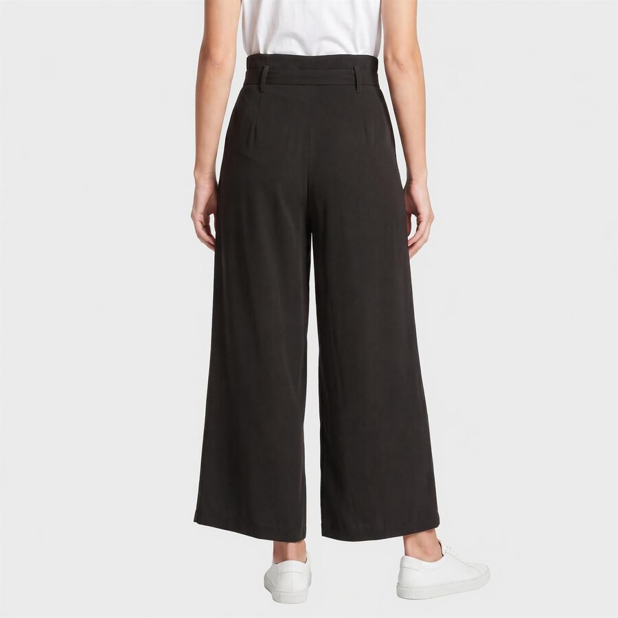Women's Black Wide Leg Pleated Trousers, काला, large