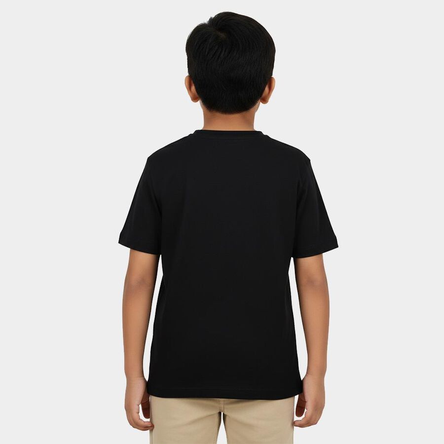 Boys' Jet Black Cotton Crew Neck Graphic Printed T-Shirt, Black, large