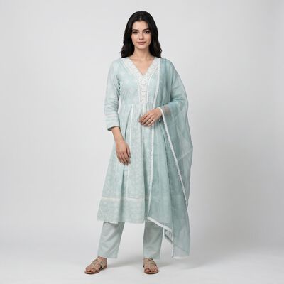 Women's Aqua Cotton Embroidered Ethnic Set