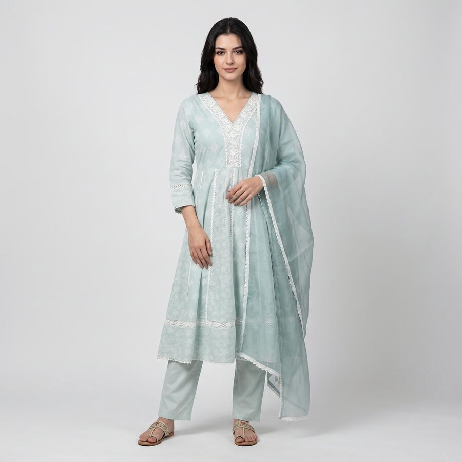Women's Aqua Cotton Embroidered Ethnic Set, Aqua, large