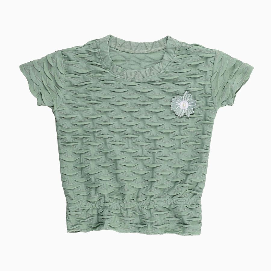 Girls Light Sage Green Round Neck Casual T-Shirt, Light Green, large