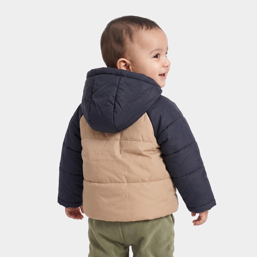 Infants Beige Hooded Puffer Jacket, गहरा पीला, large