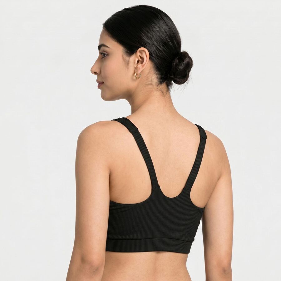 Women's Black V-Neck Sports Bra, काला, large
