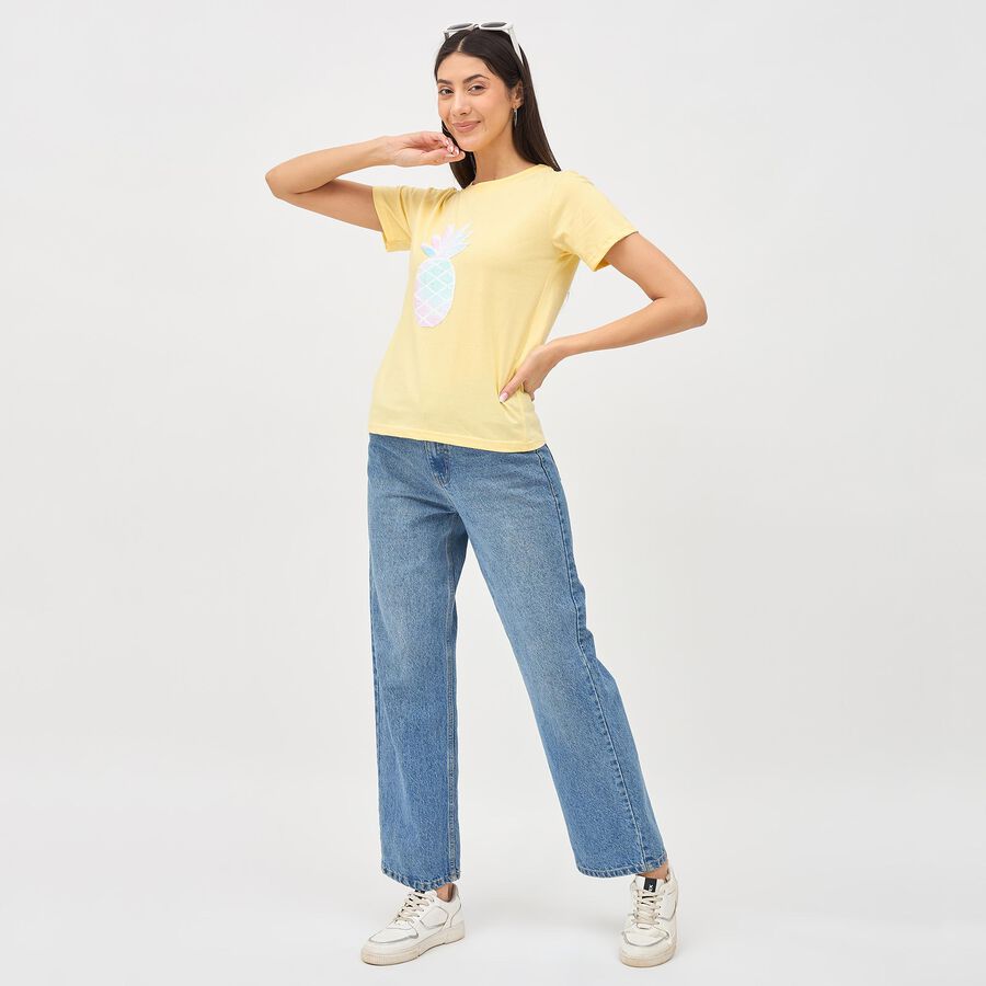 Ladies Light Yellow Cotton Round Neck Embellished T-Shirt, Yellow, large image number null