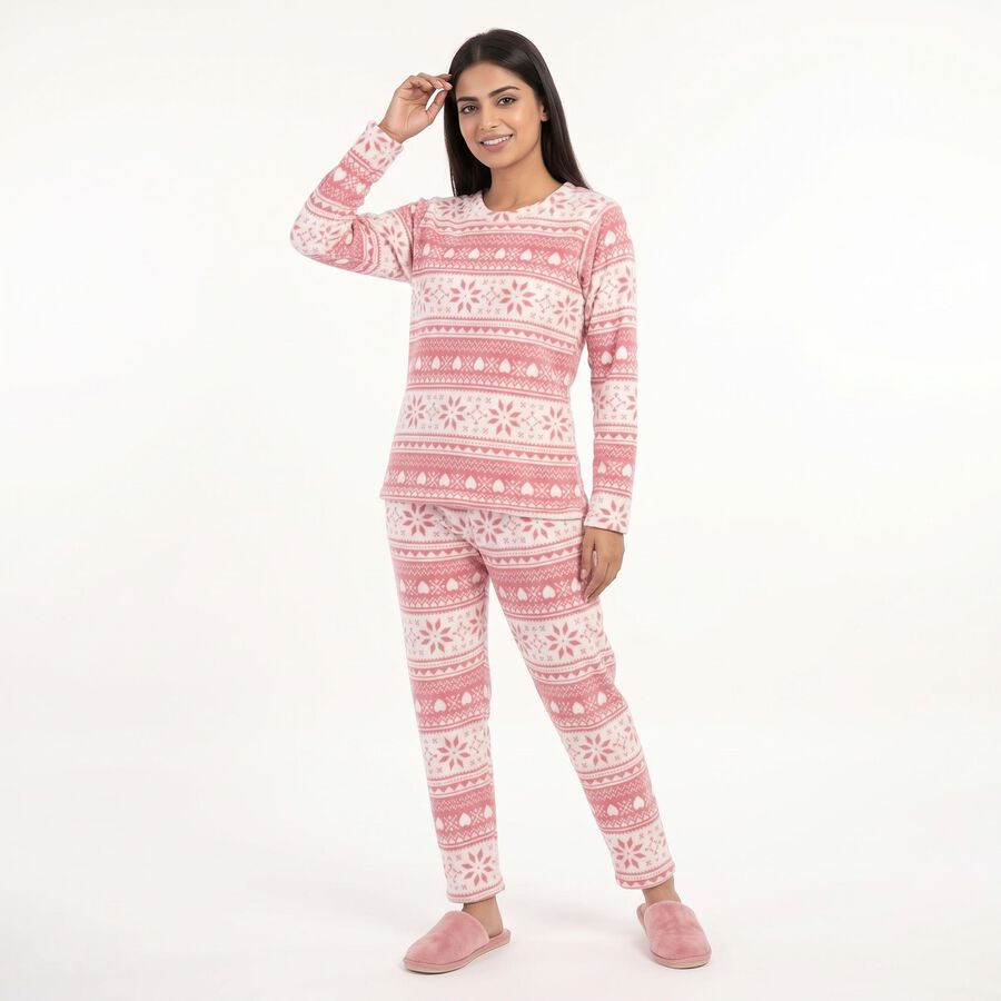 Women's Pink Straight Fit Geometric Printed Pyjama Set , हल्का गुलाबी, large