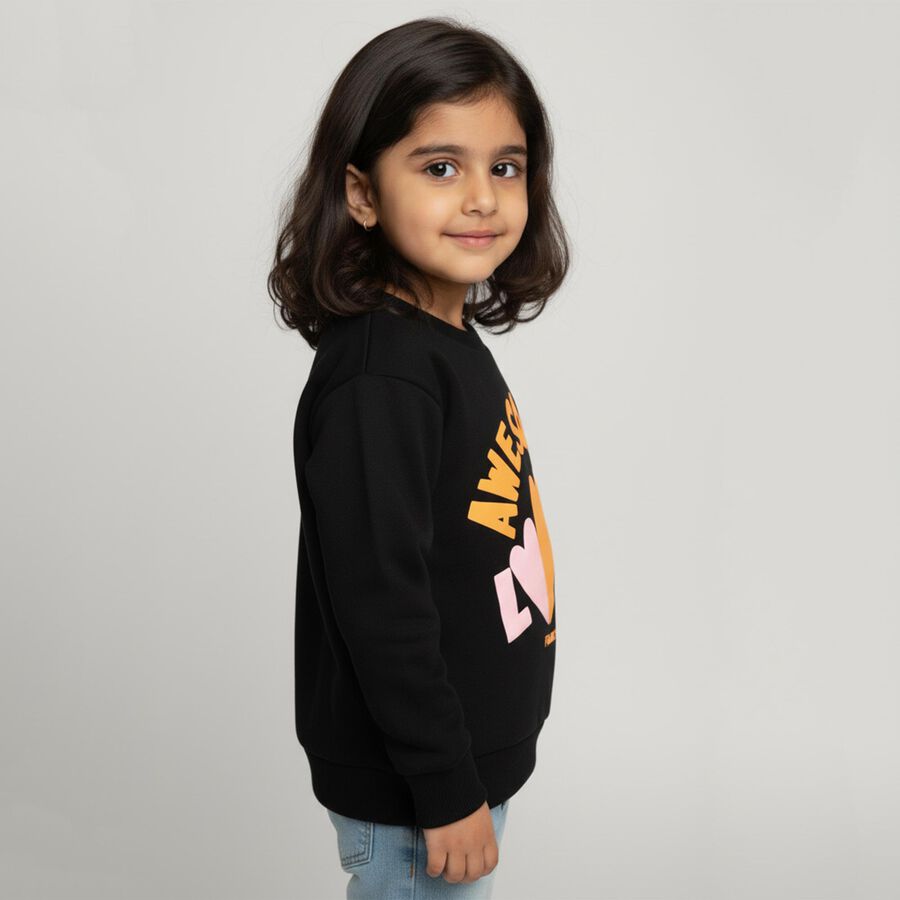 Girls Jet Black Crew Neck Casual Sweatshirt, Black, large image number null