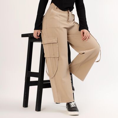 Women's Beige Wide Leg Cargo Jeans
