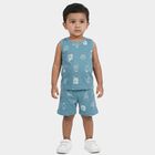 Infants' Teal Cotton Round Neck Graphic Printed Baba Suit, Teal Blue, small