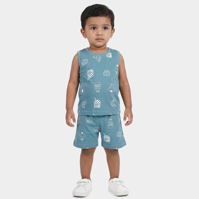 Infants' Teal Cotton Round Neck Graphic Printed Baba Suit