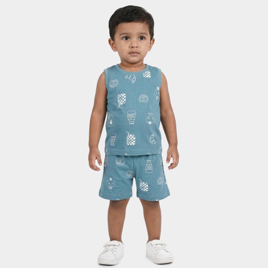 Infants' Teal Cotton Round Neck Graphic Printed Baba Suit, Teal Blue, large
