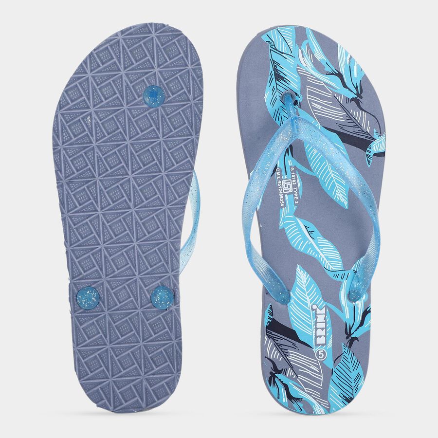 Women's Blue Printed Thong Strap Flip-Flops, Blue, large