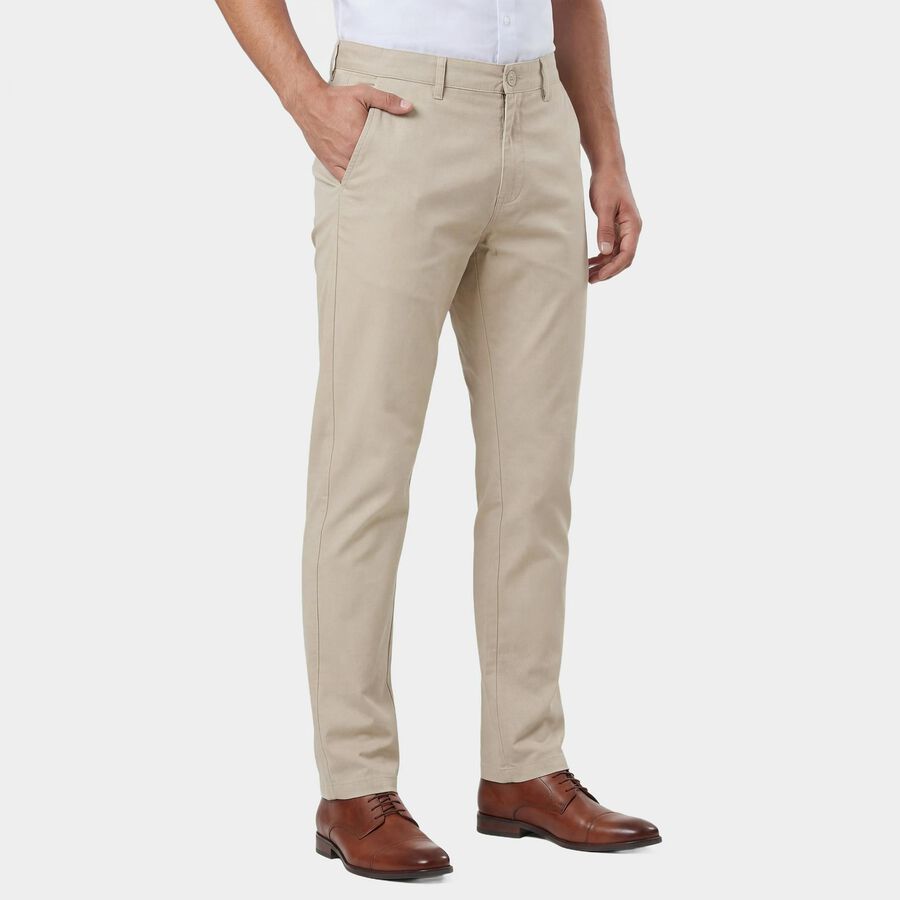 Men's Beige Slim Fit Flat-Front Casual Trousers, Beige, large