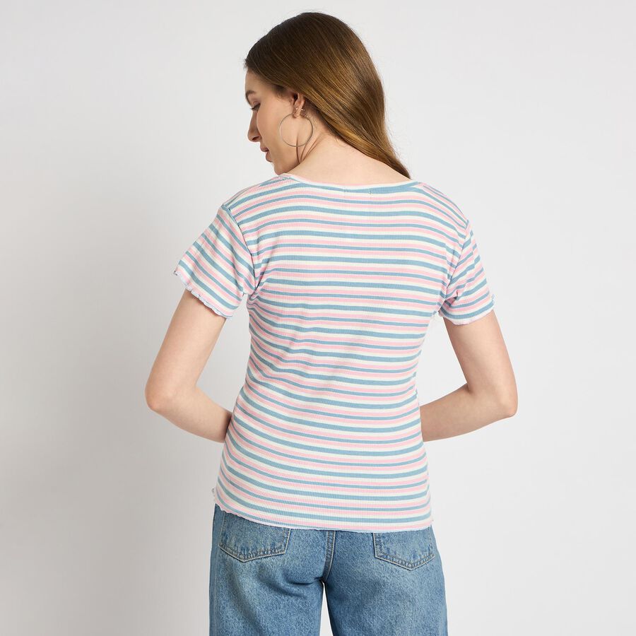 Ladies'  Stripes Round Neck T-Shirt, Light Pink, large