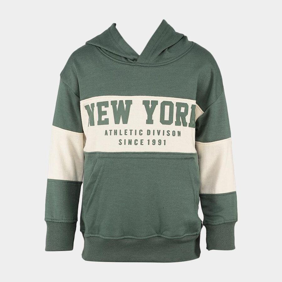 Boys Dark Sage Green Hooded Neck Graphic Sweatshirt, Dark Green, large image number null