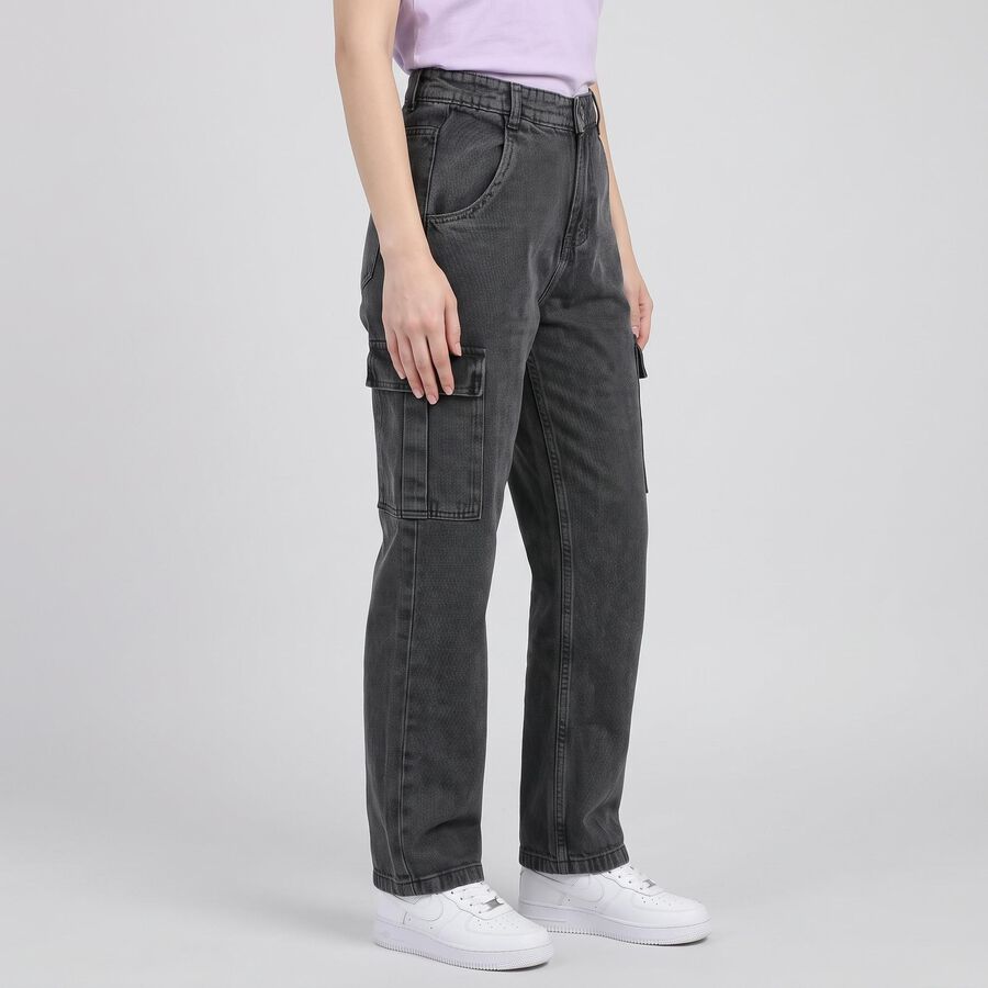Women's Charcoal Straight Fit Cargo Jeans, Dark Grey, large