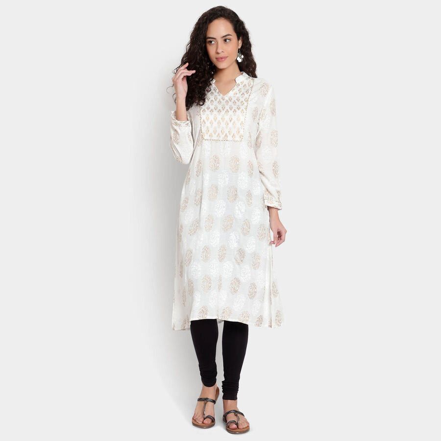 3/4th Sleeves Flared Kurta, White, large image number null