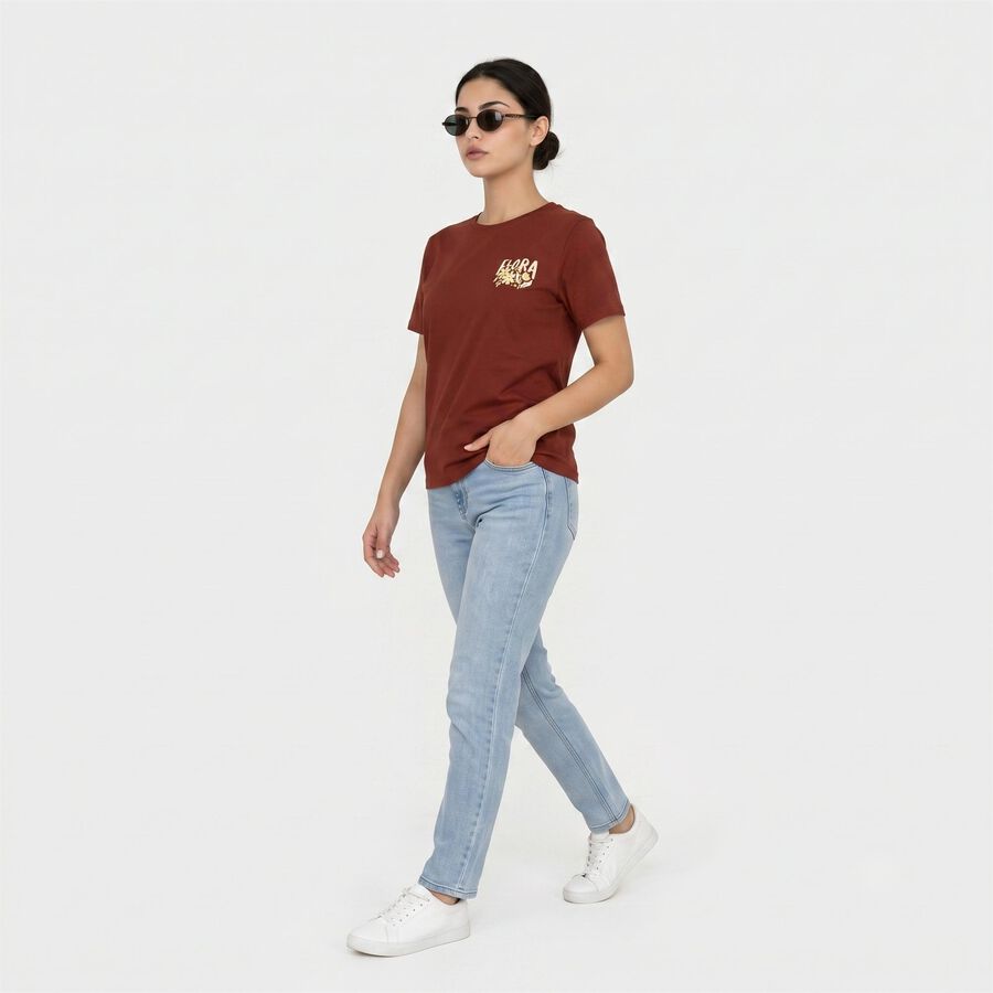 Women Rust Round Neck Regular T-Shirt, Rust, large