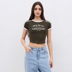 Women's Olive Green Cotton Round Neck Casual T-Shirt, ओलिव, small