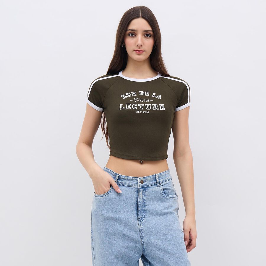 Women's Olive Green Cotton Round Neck Casual T-Shirt, ओलिव, large