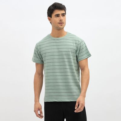 Men's Light Sage Green Round Neck Striped T-Shirt